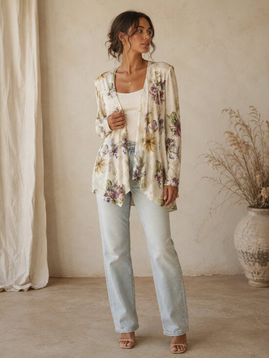 R&M Richards Sweaters - Floral Sheer Kimono Duster Shoulder PadsUSA One Size Lightweight Vacation Ready